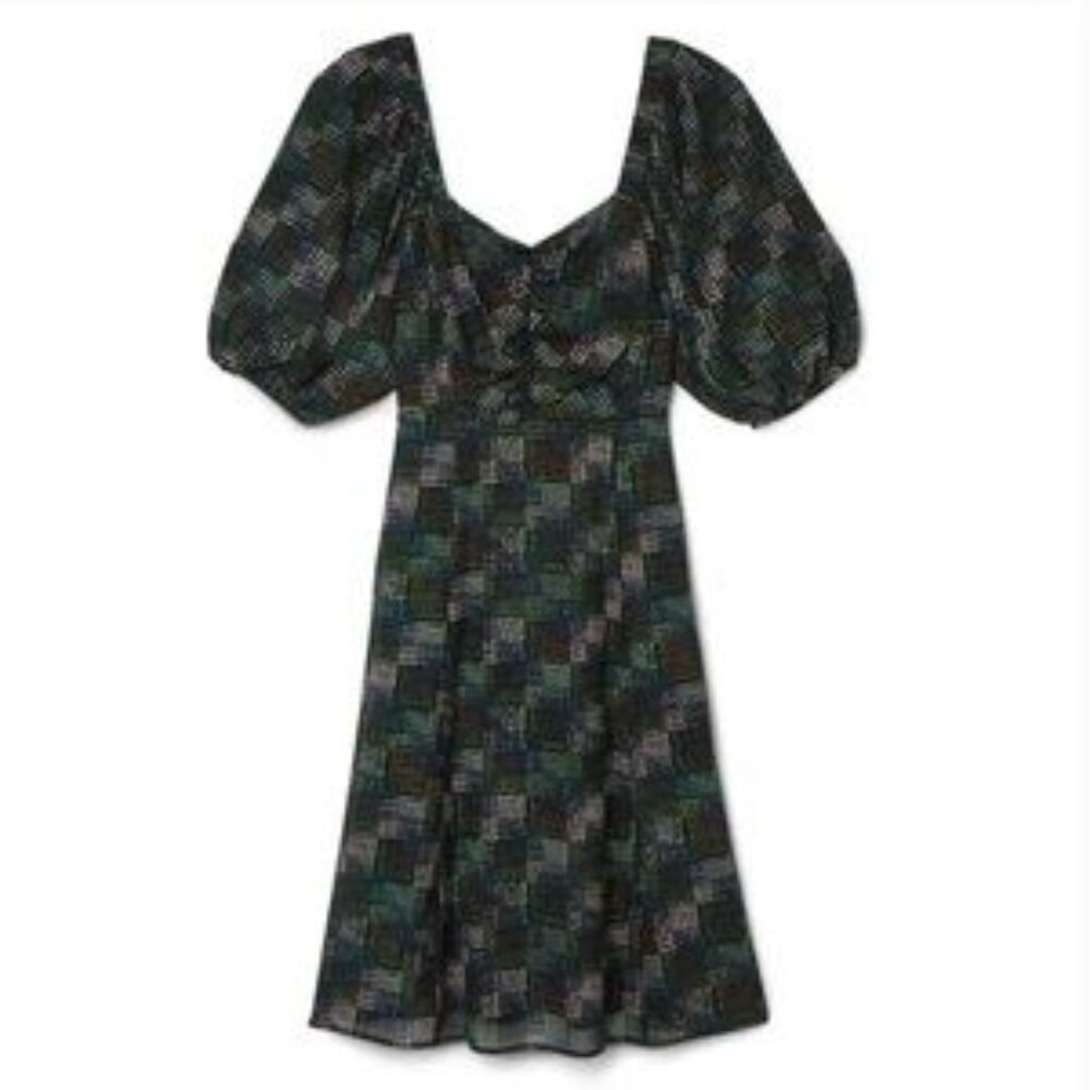 CAbi Puff-Sleeve Mini Dress in Black and Green Plaid